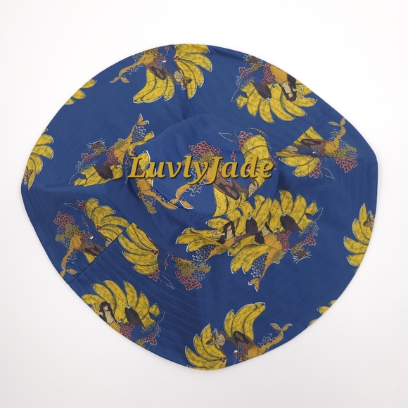 FARM RIO Mermaid Banana Blue Sun Extra Wide Slouchy Bucket Hat w/ Straps - Picture 4 of 11